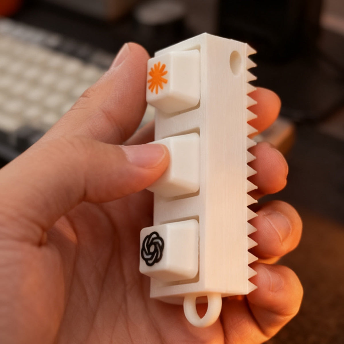 Detail view of Triple Keycap Charm in use