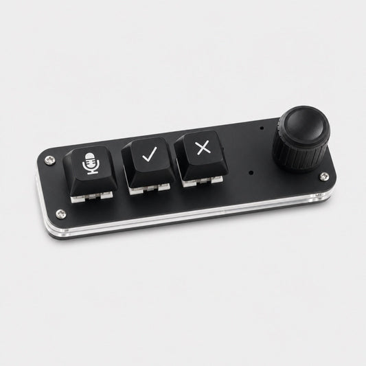 Voice Pad with three labelled keys and one rotary knob on a clear base
