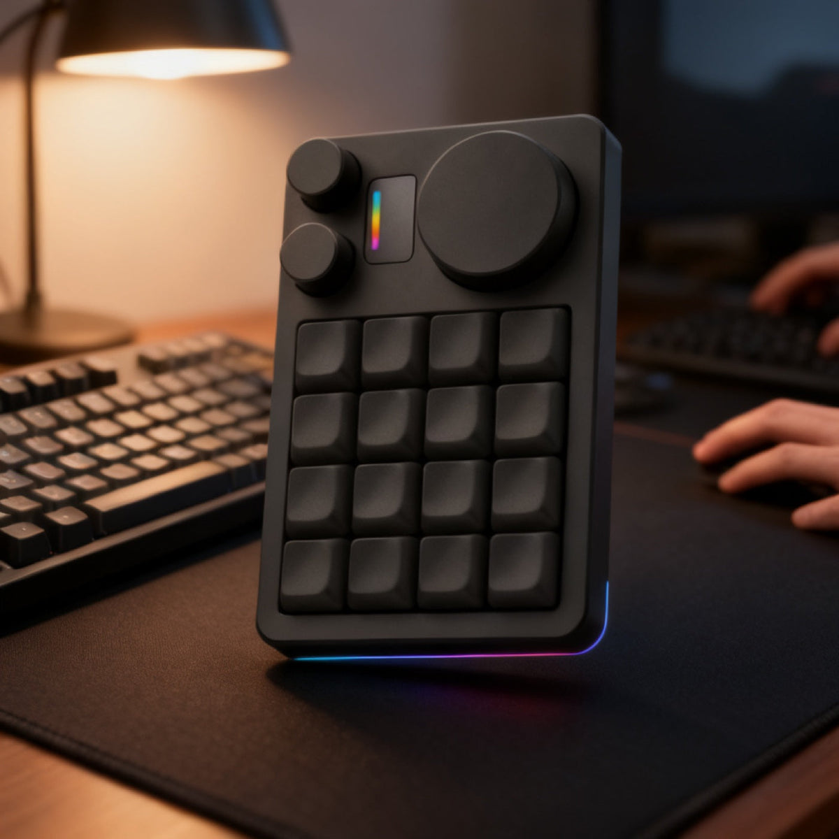 KM16 Macropad shown in a developer desk setup