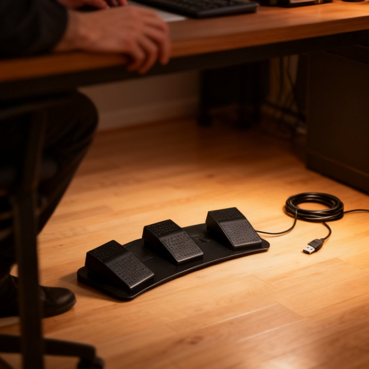 Pedal Three shown in a developer desk setup