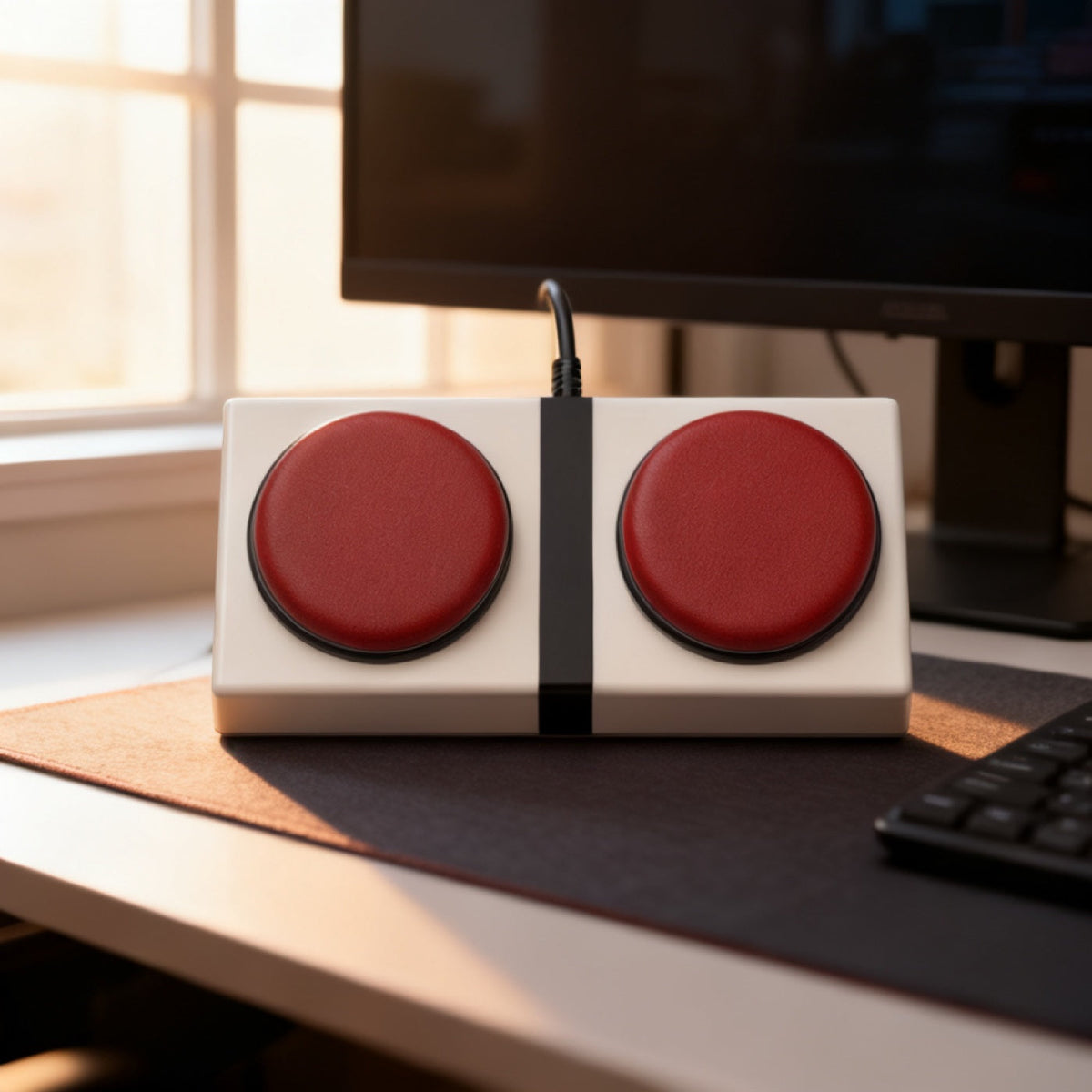 Slam Buttons shown in a developer desk setup