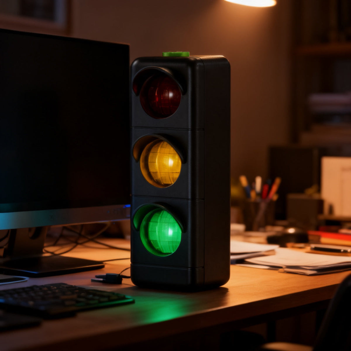 Status Light shown in a developer desk setup