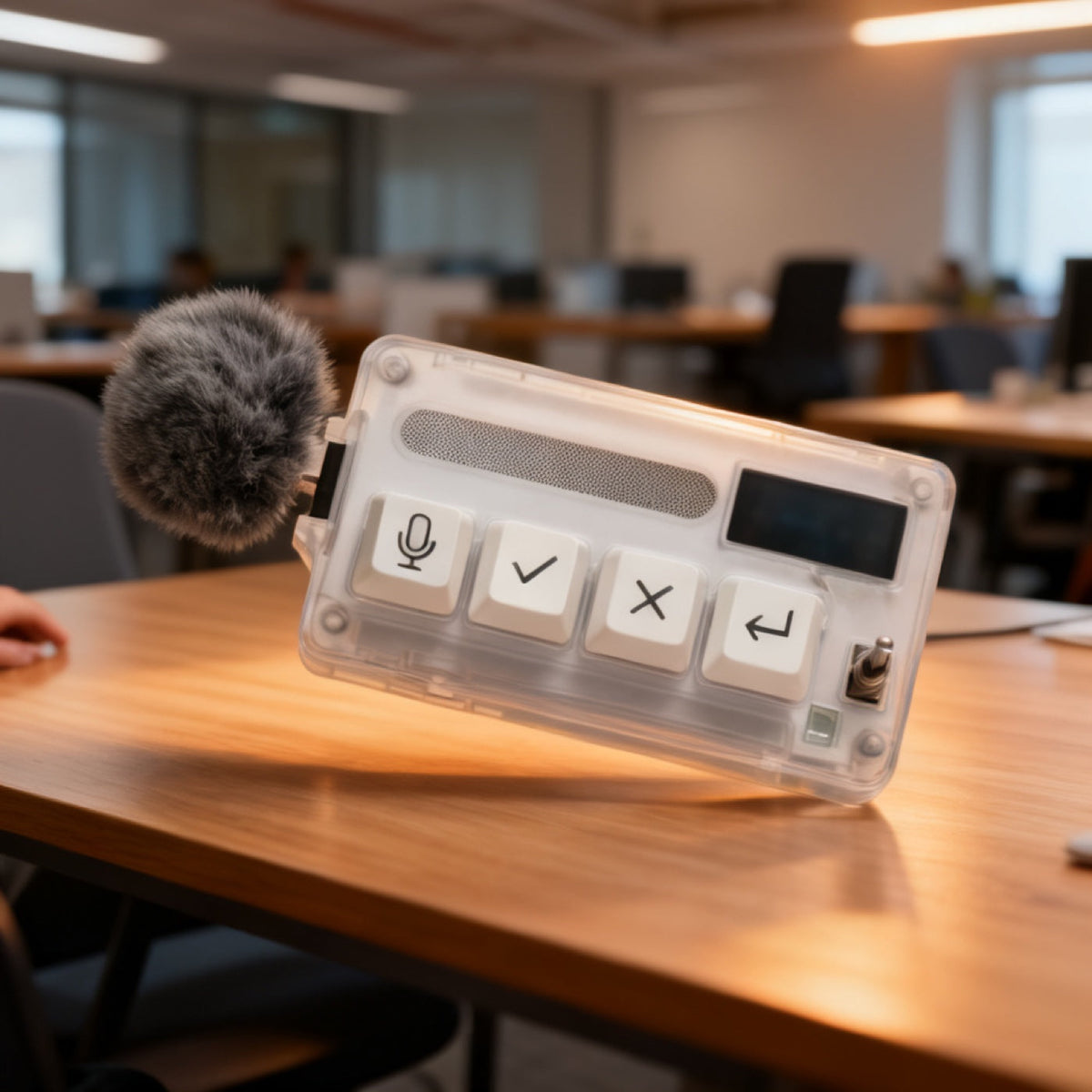 Whisper Key shown in a developer desk setup